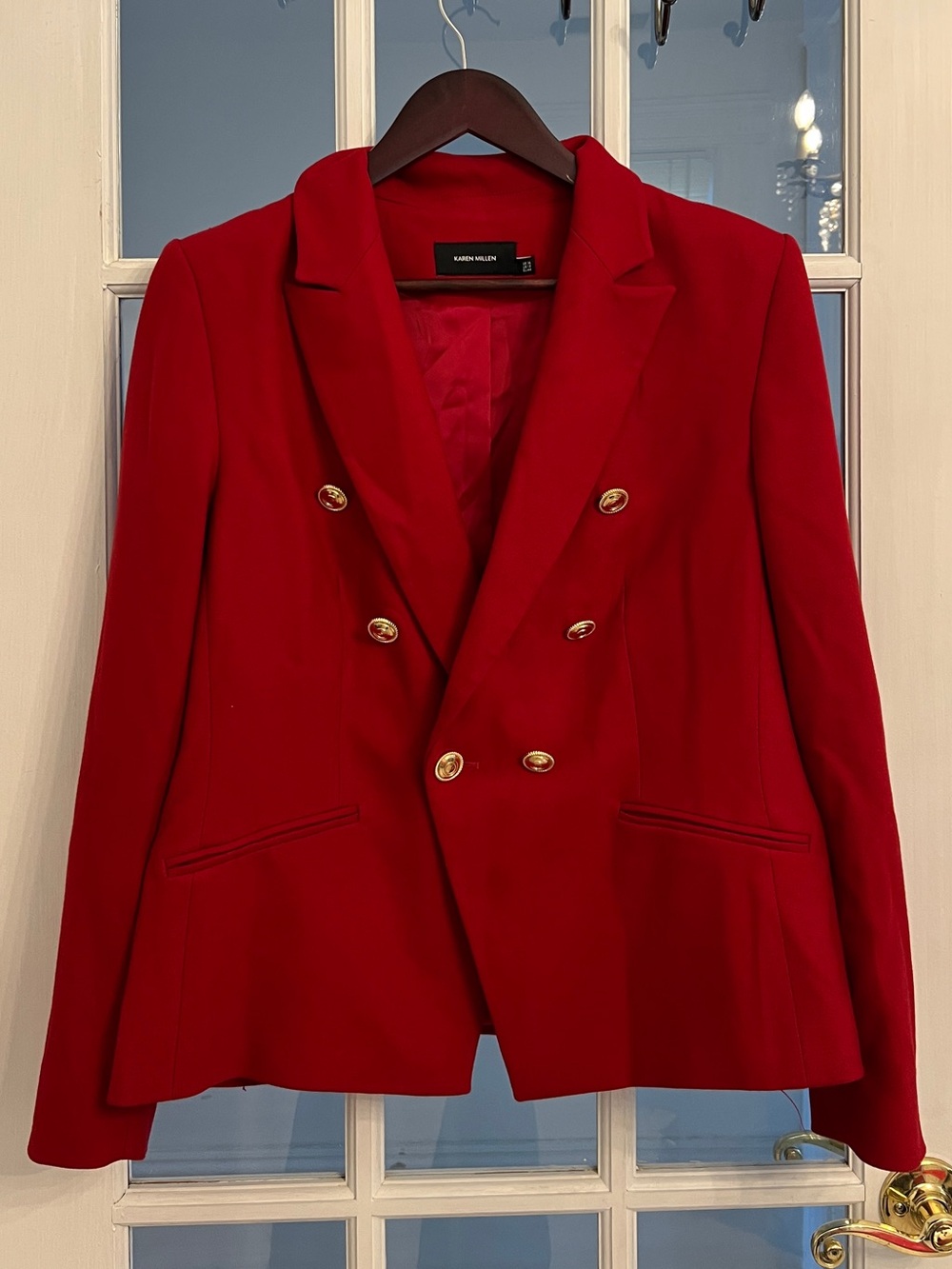KAREN MILLEN Women’s Red Double Breasted Gold Button Tailored Blazer US 12